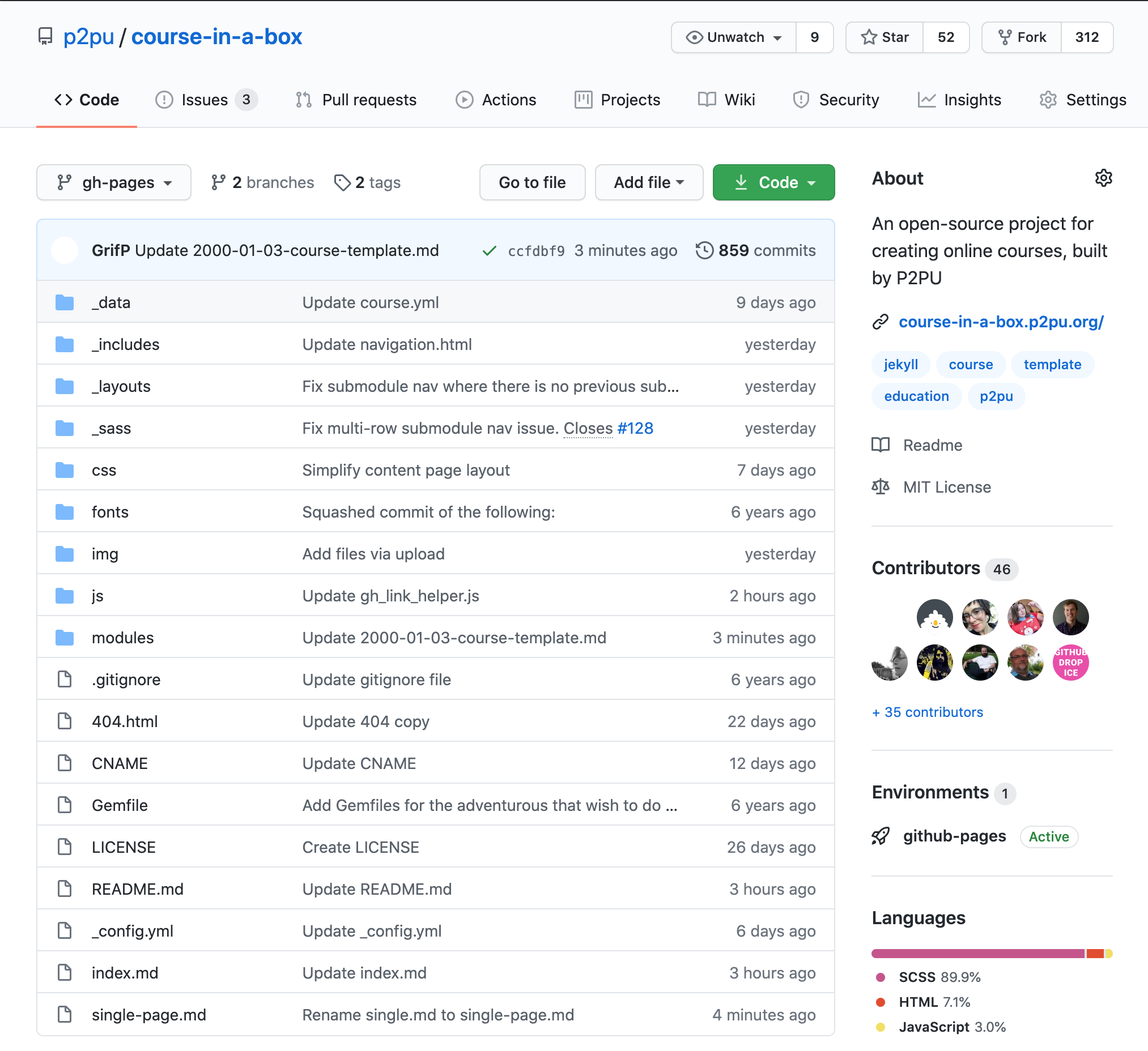 Screenshot of the course template in GitHub